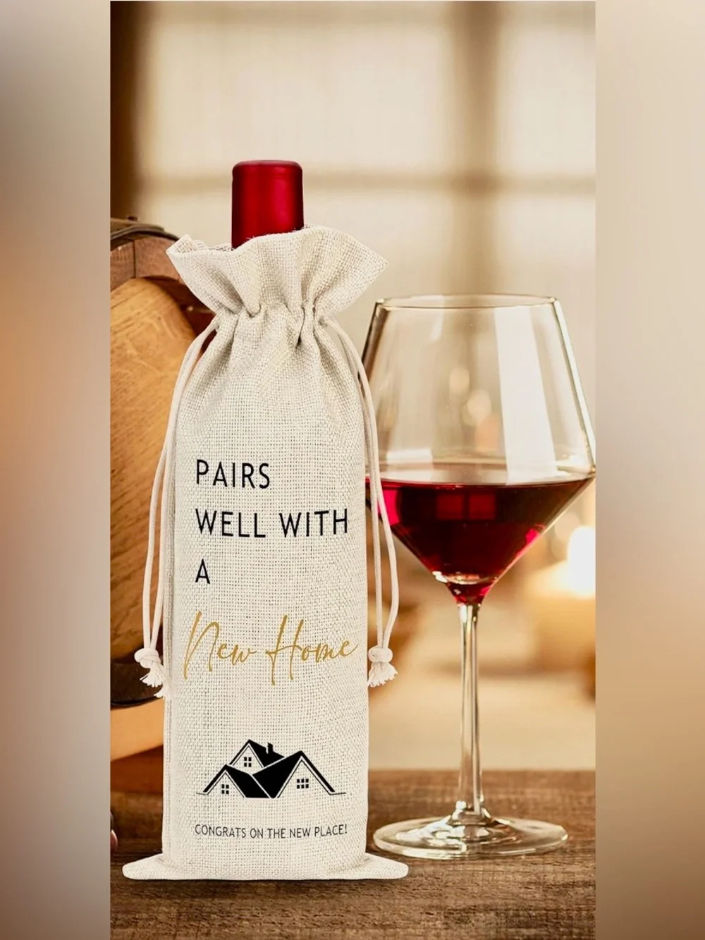 New Home Housewarming Gift 2x Stemless Wine Glasses “Pairs Well” Bottle Bag Box